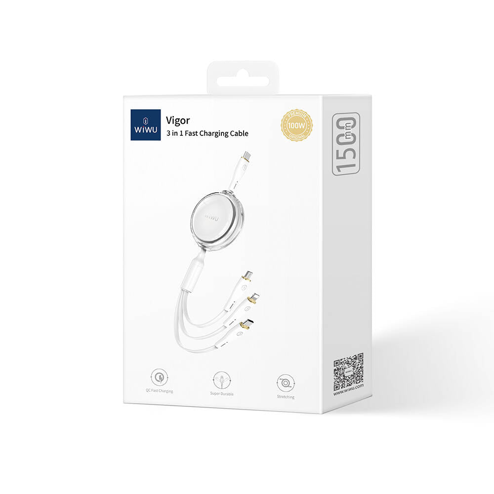 Wiwu Wi-C023 Vigor Serisi 3in1 Type-C Lightning Micro USB Makaralı Data ve Şarj Kablosu 100W 1.5M Wiwu Wi-C023 Vigor Serisi 3in1 Type-C Lightning Micro USB Makaralı Data ve Şarj Kablosu 100W 1.5M